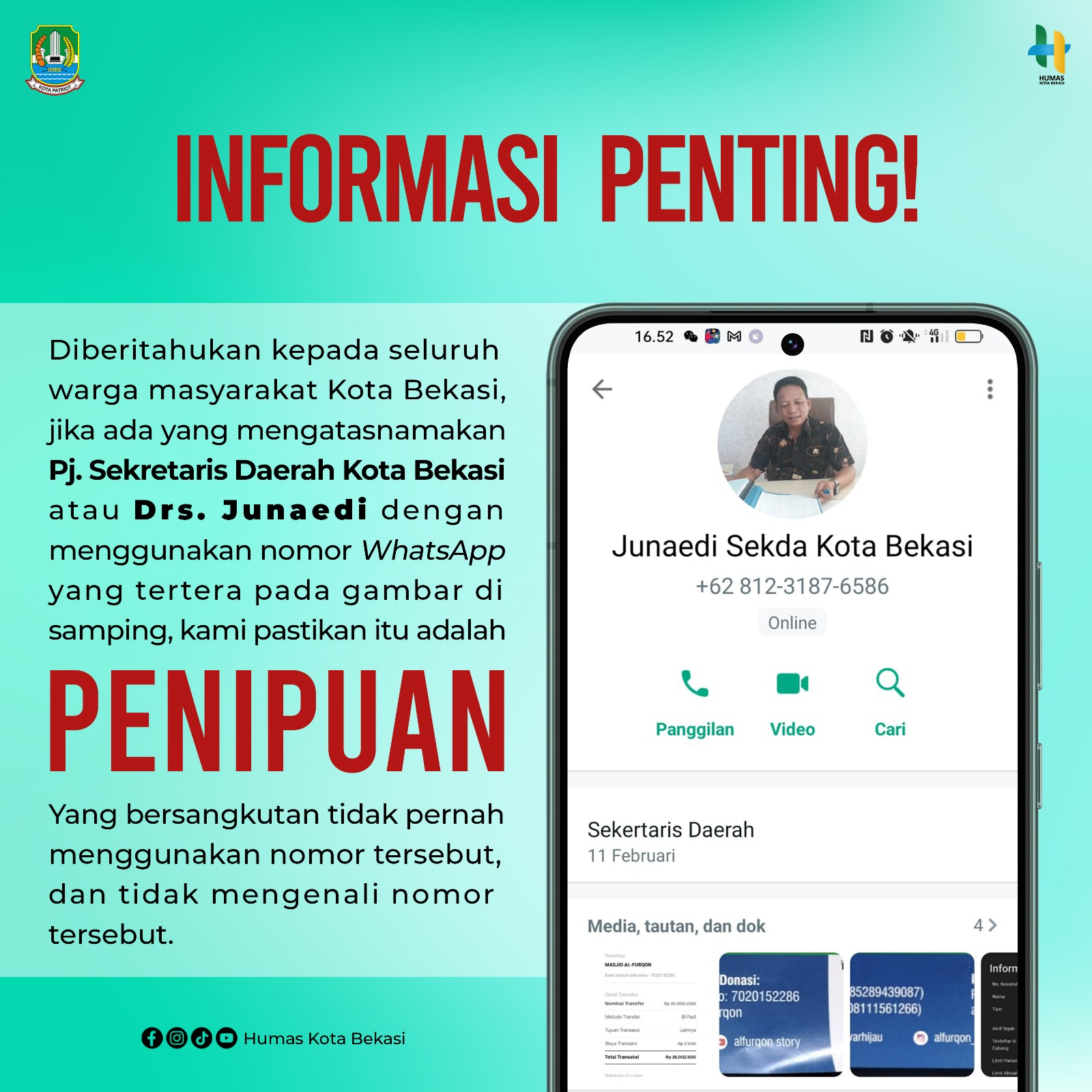 PENIPUAN MENGATASNAMAKAN PJ SEKDA KOTA BEKASI
